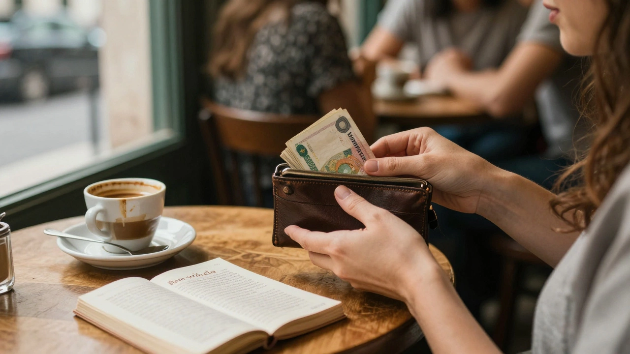 A woman&#039;s hands place cash into a wallet in a Lisbon café, sunlight illuminating a Portuguese phrasebook nearby.