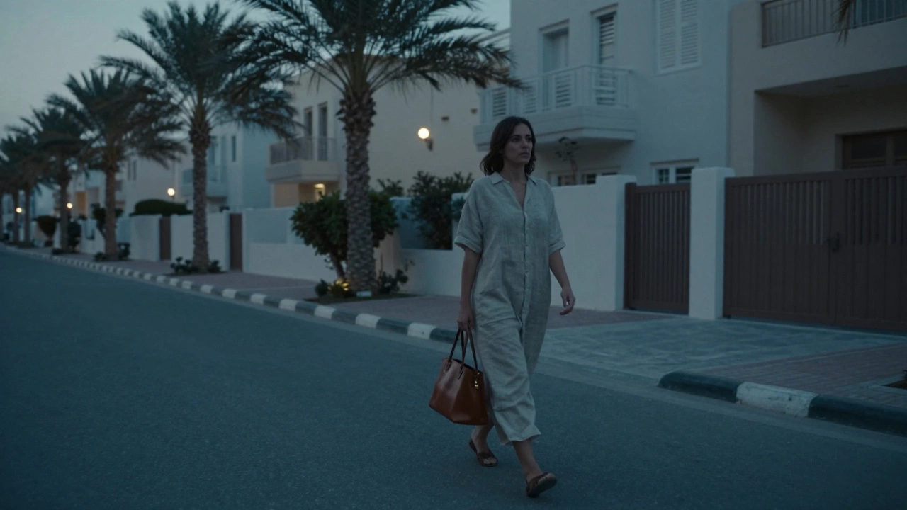 A woman walks alone through the quiet streets of Al Barsha at dusk, surrounded by unmarked villas and stillness.