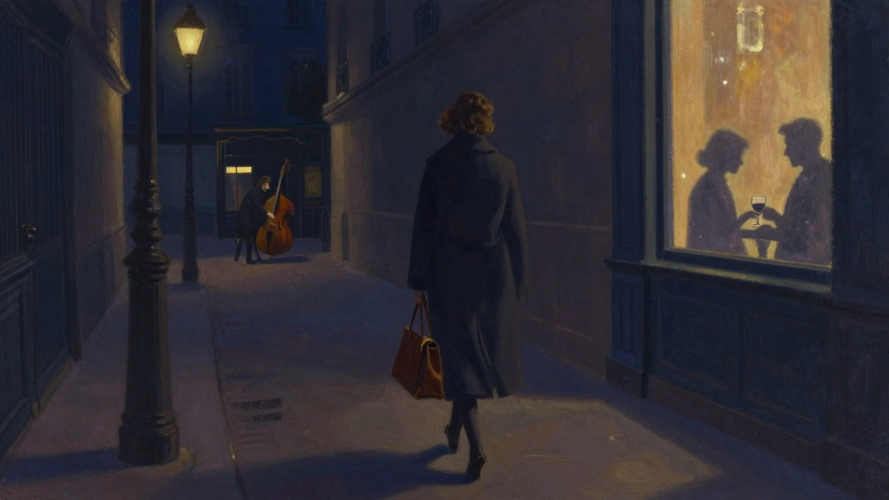 A woman walks through Montmartre at night, shadows stretching behind her as jazz drifts from a nearby bar.