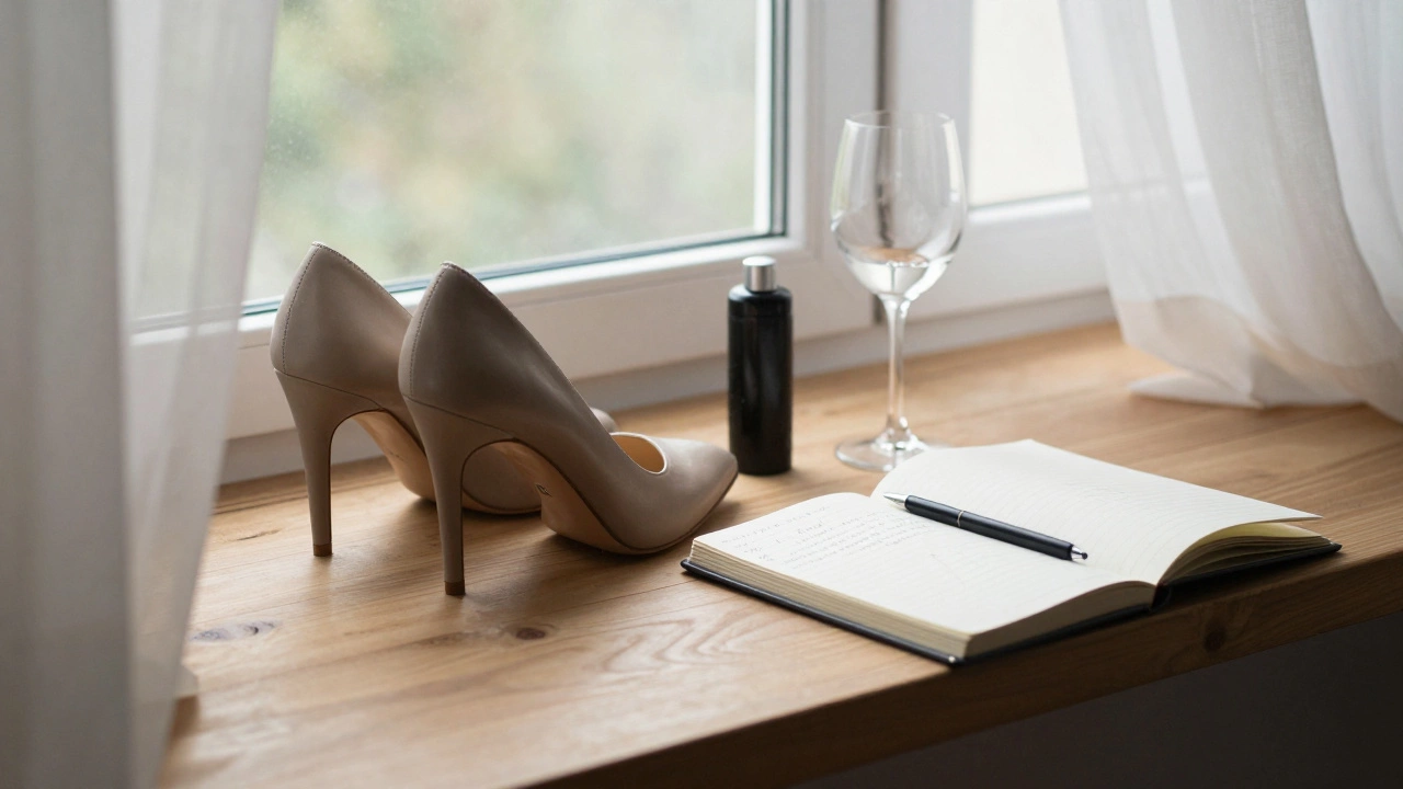 High-heeled shoes, a burner phone, and pepper spray rest on a windowsill with morning light filtering in.